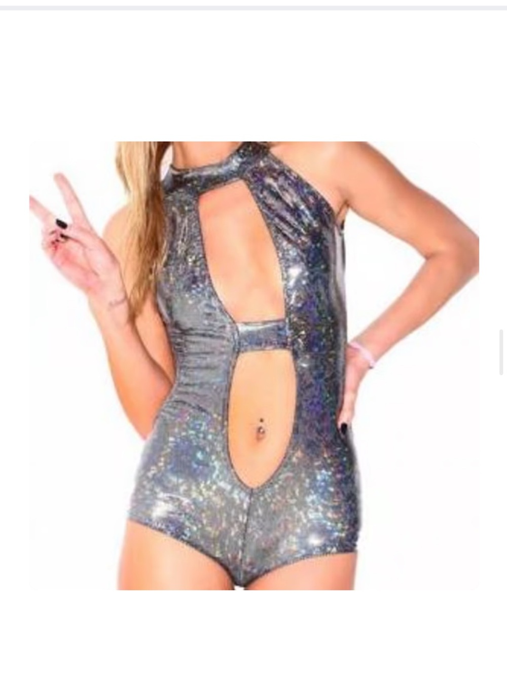 Holographic Silver Grey Gray Rave Bodysuit One Piece
